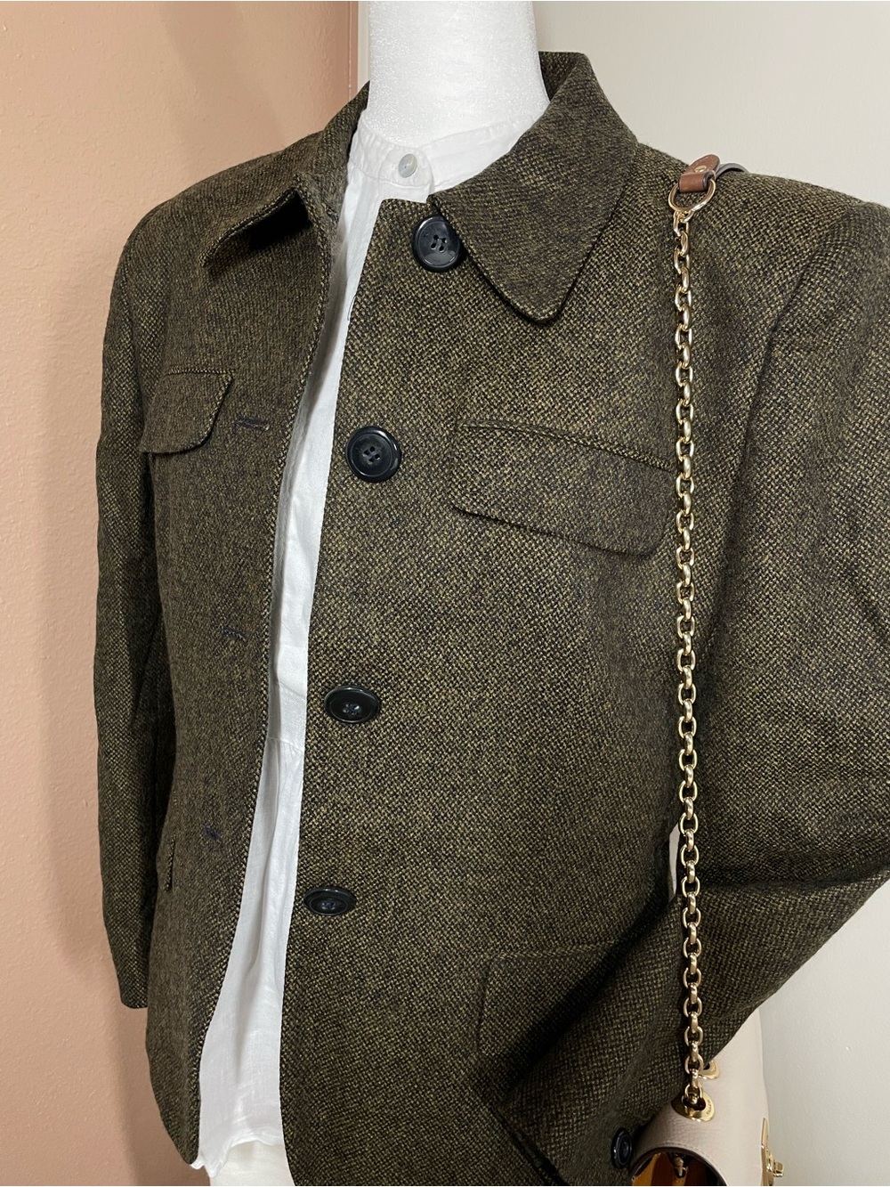 Jones New York M Petite Wool Blazer Green Brown Tweed Vintage 90s Academic Coat
